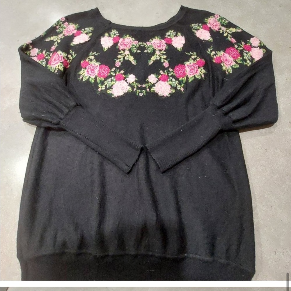 VTG WoolBlend Black Long Sleeve Knit Sweater W/Multi-Floral Embroidery-EUC Sz S - Picture 8 of 16